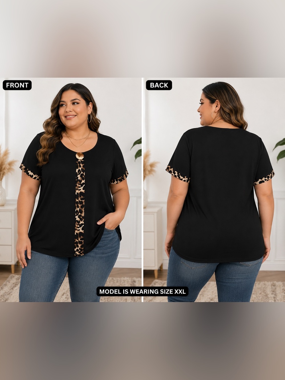 🖤🆕🖤Plus Size Black Short Sleeve Tee with Leopard Trim